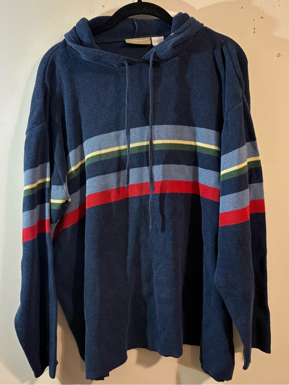Liz Claiborne hooded sweater women’s large blue ribbed knit chest stripes cotton